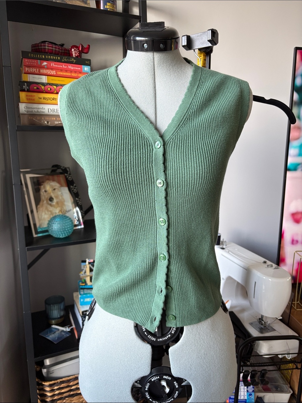 Ribbed V-Neck Button-Front Sweater Vest in Sage Green